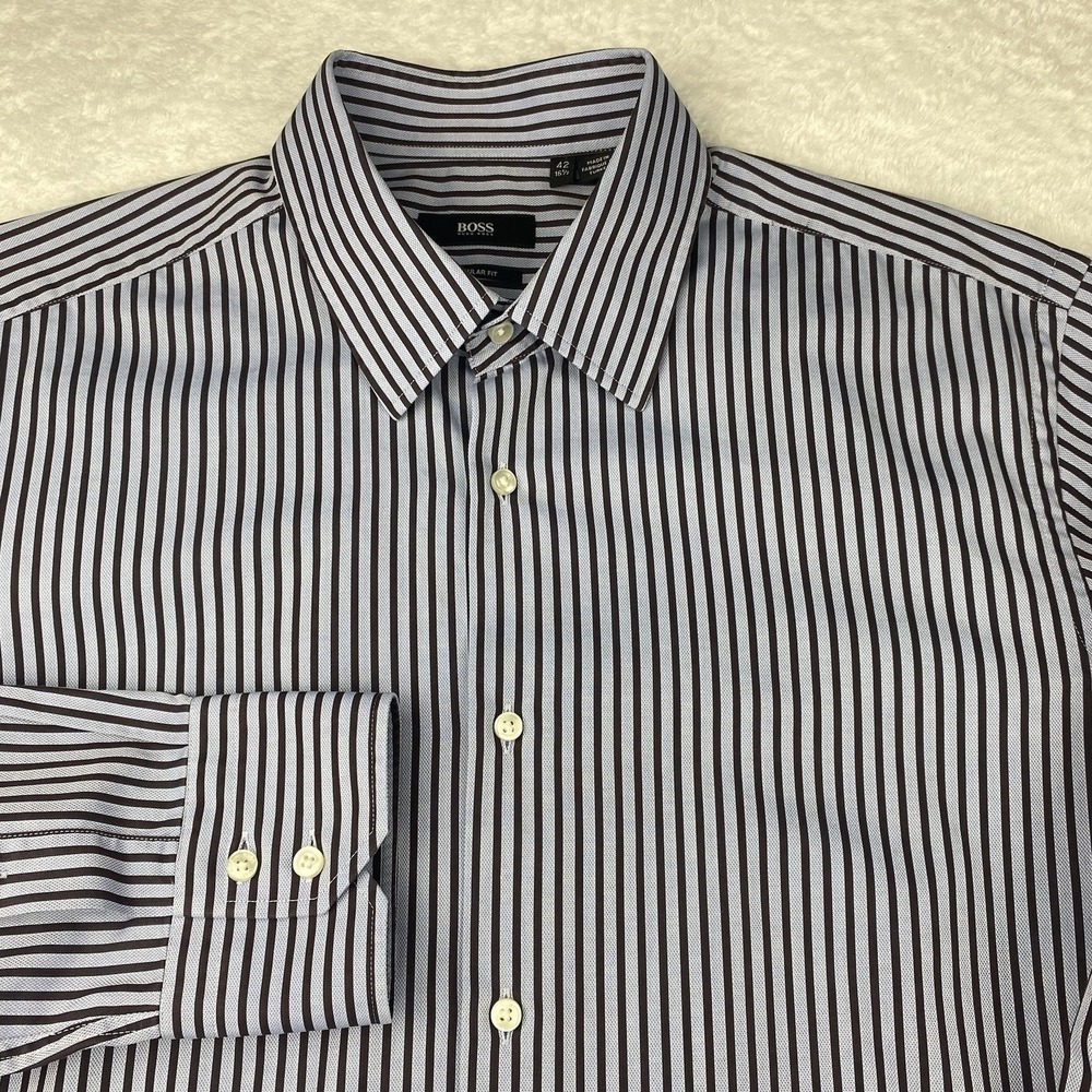 BOSS Hugo Boss Dress Shirt Mens 16.5 (42) Blue w/Black Stripes Regular Fit